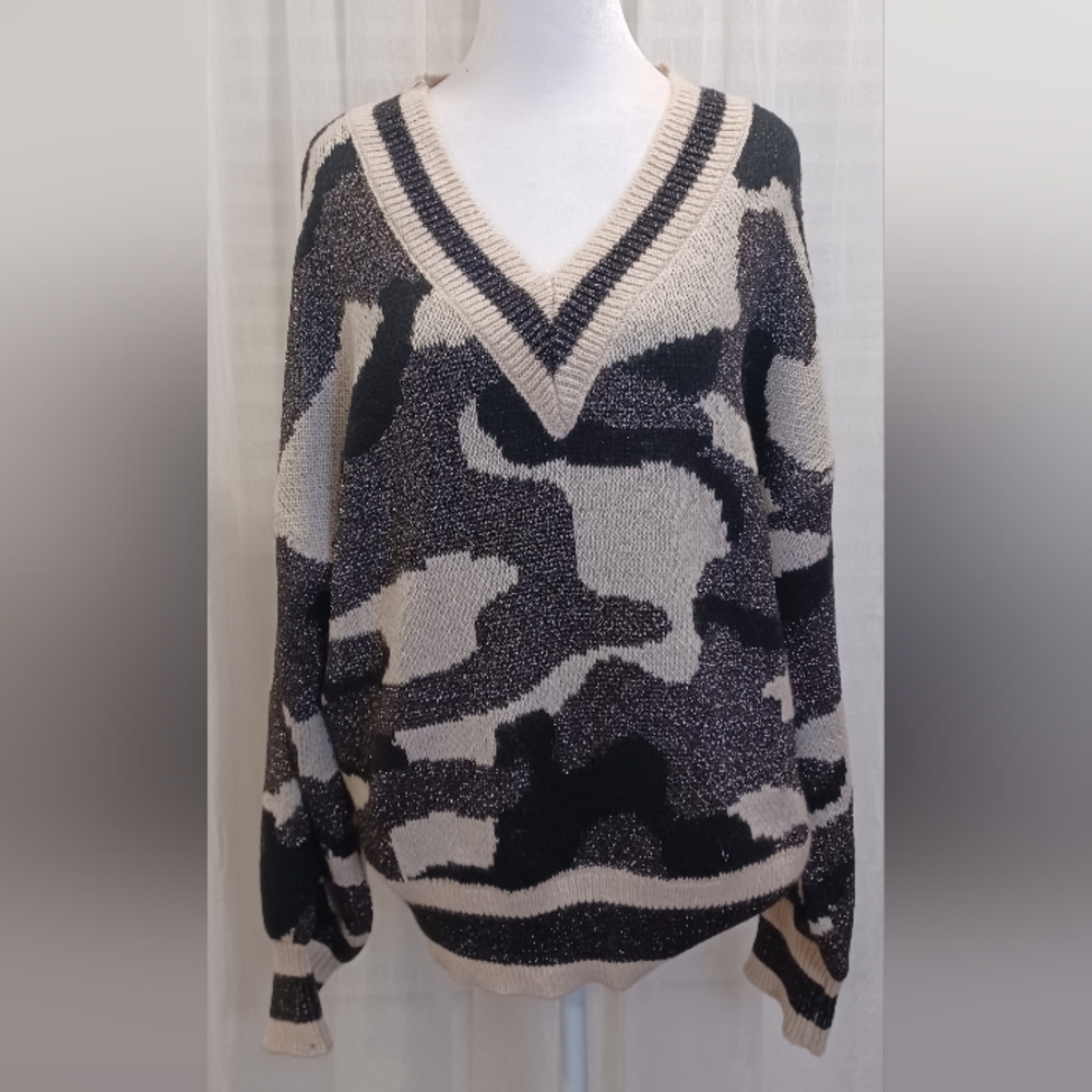 Nine West Camo Print Metallic V-neck Sweater